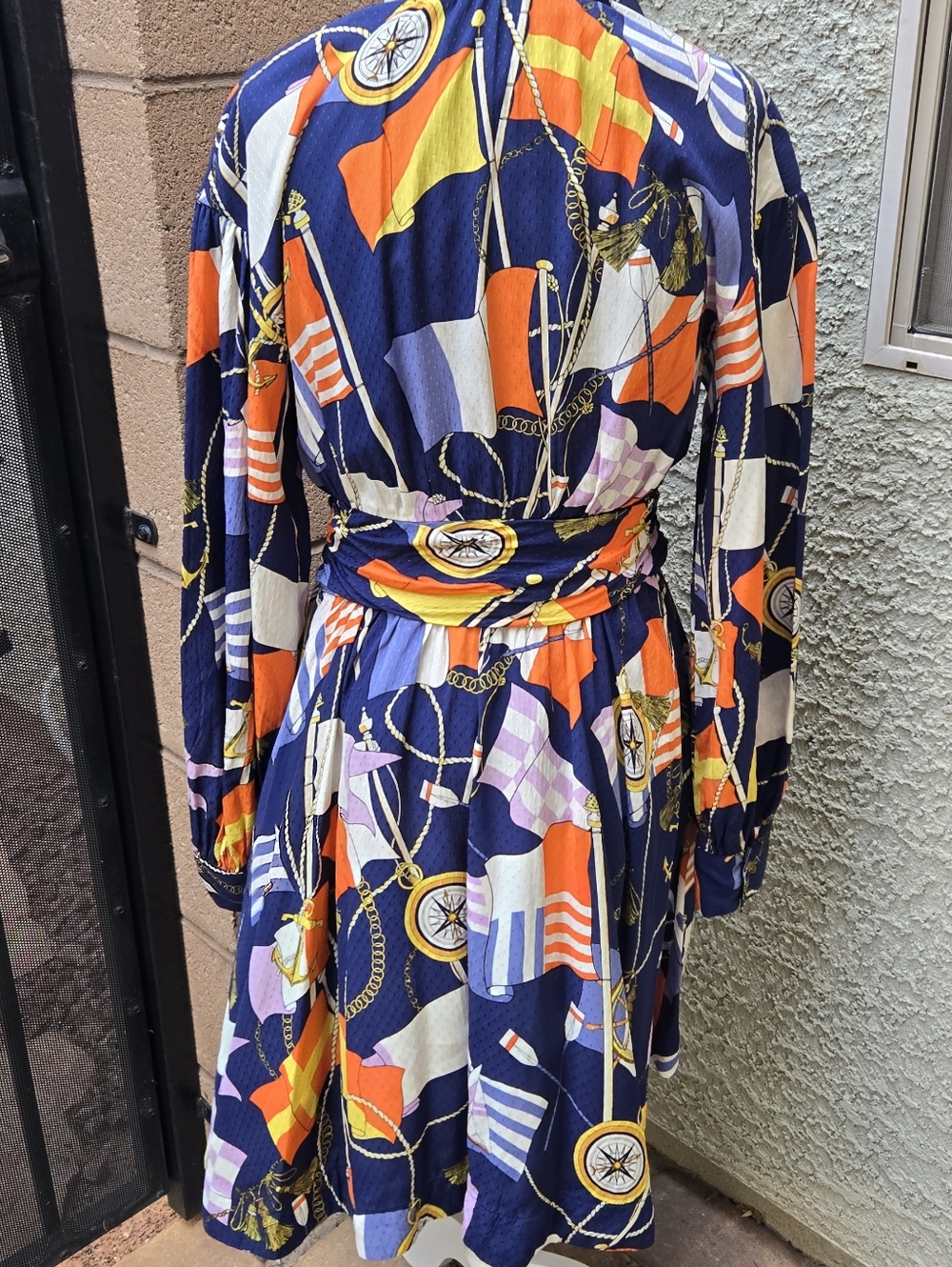 Anthropologie Maeve Nautical Navy Printed Long-Sleeve Wrap Dress Blue Flag Sail - Picture 9 of 12